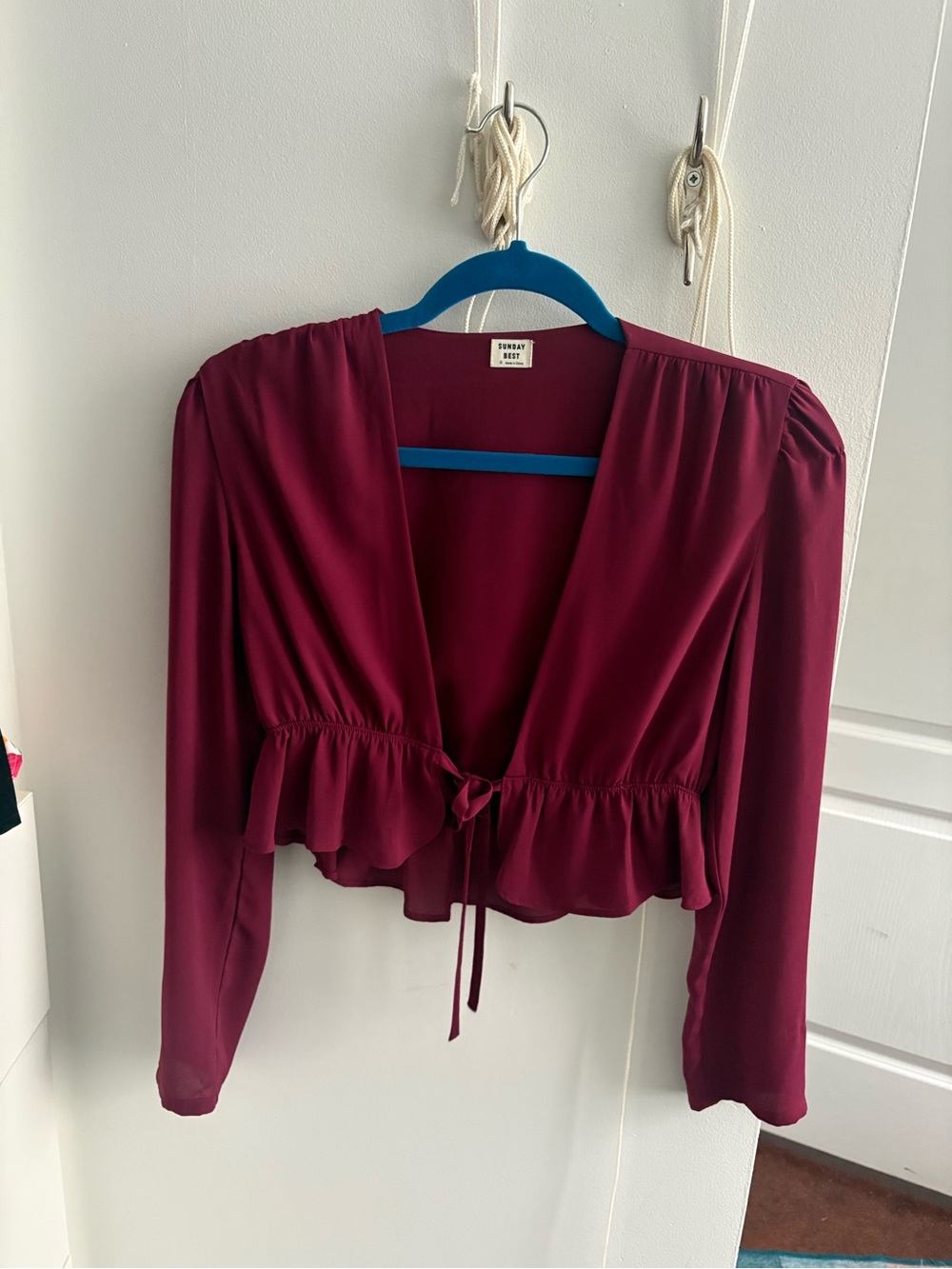 Sunday Best Deep Wine Tie-Front Ruffle Blouse